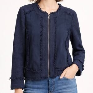 Dylan Gray Tweed Jacket Fringe Trim Zip Front Collarless Blazer, Navy Blue